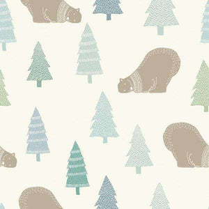 Illustrated pattern with bears and pine trees