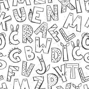 Hand-drawn black and white alphabet and animal doodle pattern