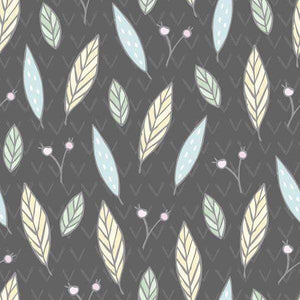 Elegant botanical leaf pattern with pastel-colored foliage and berries on a dark background