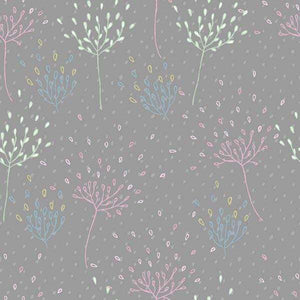 Hand-drawn botanical pattern with colorful foliage on grey background