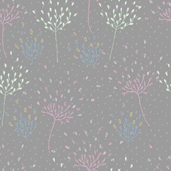 Hand-drawn botanical pattern with colorful foliage on grey background