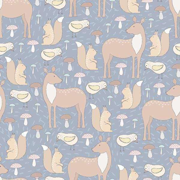 Illustration of deer, squirrels, and mushrooms on a grey background