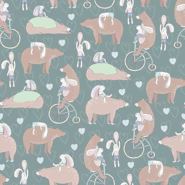 Assorted animals and heart shapes on a green background