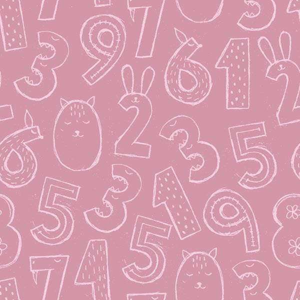 Cartoonish numbers and animals pattern on pink background