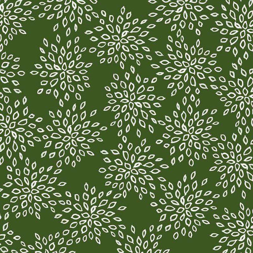 Green background with white vine-like symmetrical patterns