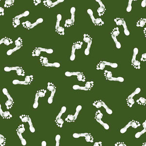 White footprint pattern on a forest green background