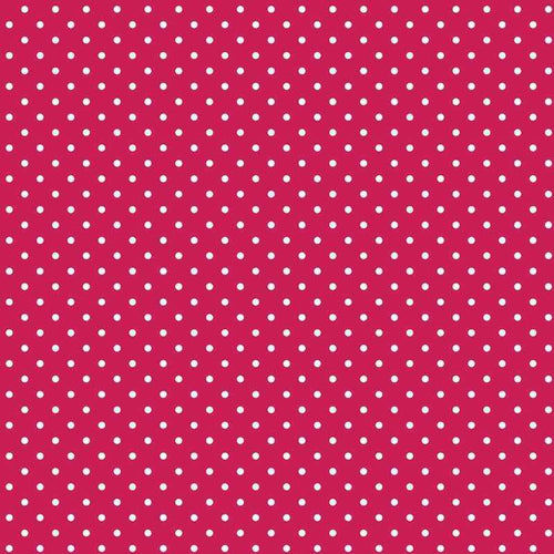 A vibrant red background with evenly spaced white polka dots