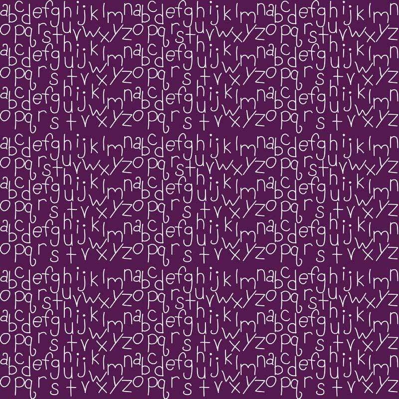 Abstract pattern with scattered white alphabetic characters on a purple background