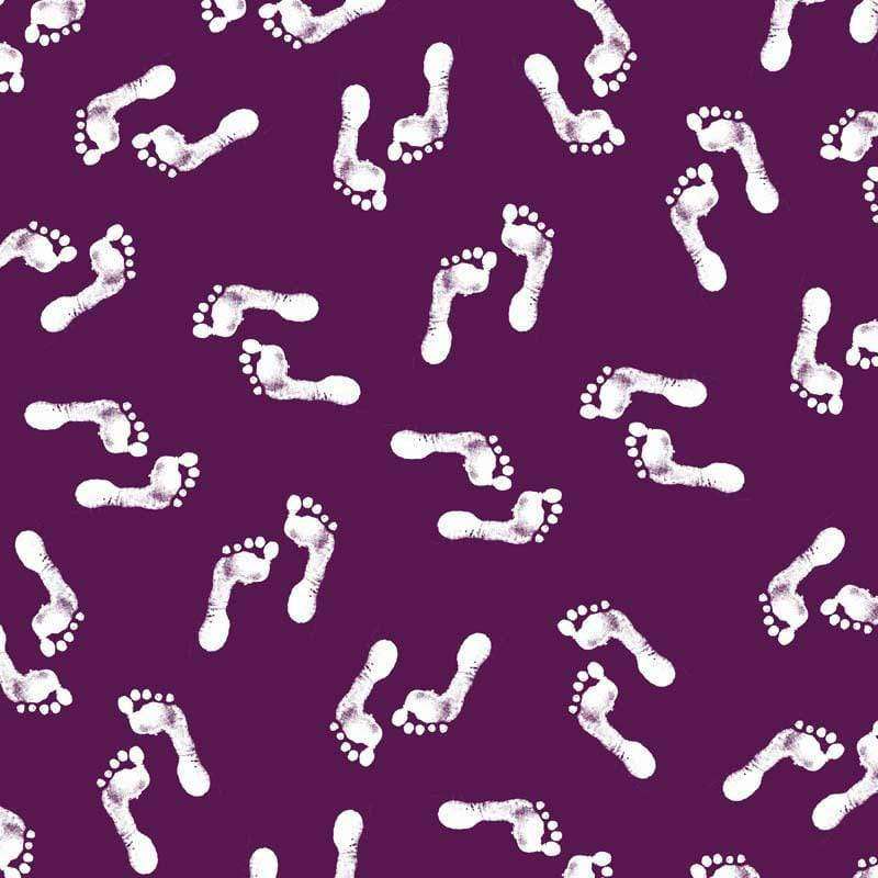 White footprint patterns on a purple background