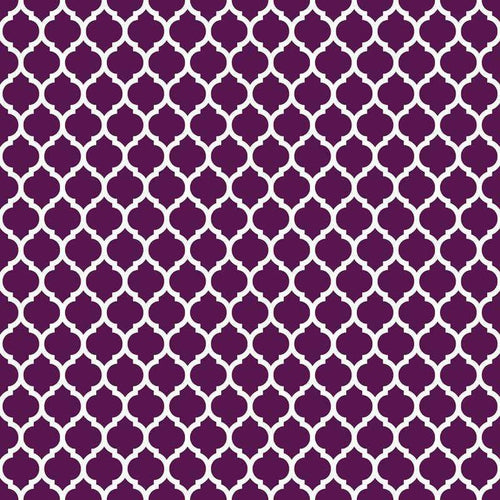Repeated purple quatrefoil pattern on a light background