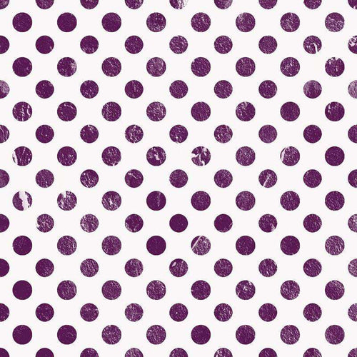 Array of purple polka dots on a white background with a textured appearance