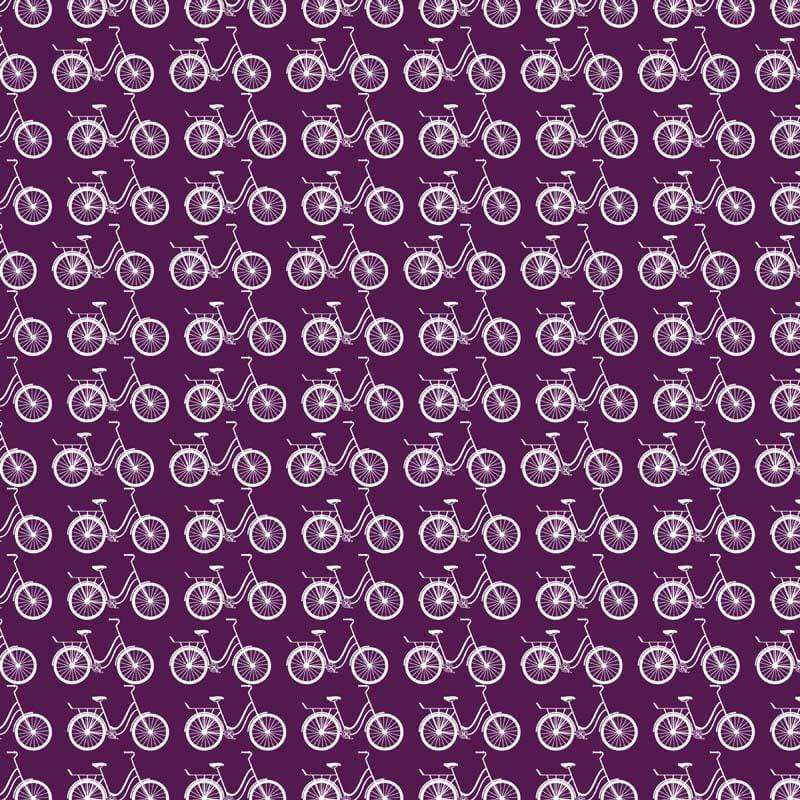 Repeated pattern of white bicycles on a purple background