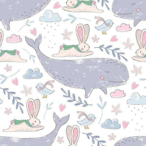 Animated pattern with whales, rabbits, and birds in pastel colors