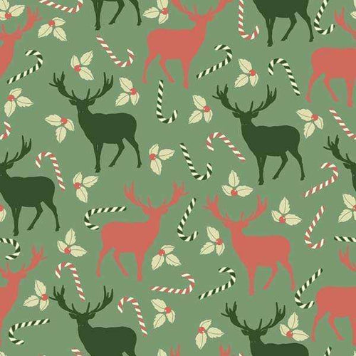 Christmas inspired pattern with reindeer, candy canes, and mistletoe on a green background