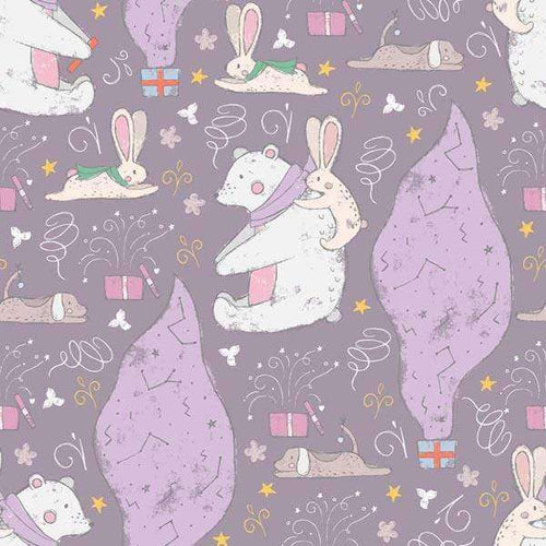 Playful rabbits with festive gifts and stars on a purple background