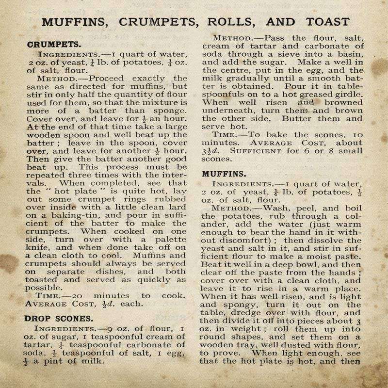 Antique recipe book page with recipes for muffins, crumpets, rolls, and toast