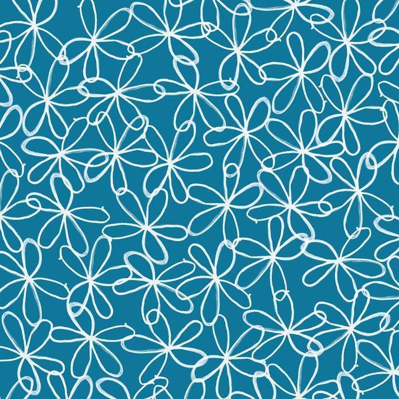White floral sketch pattern on aqua background