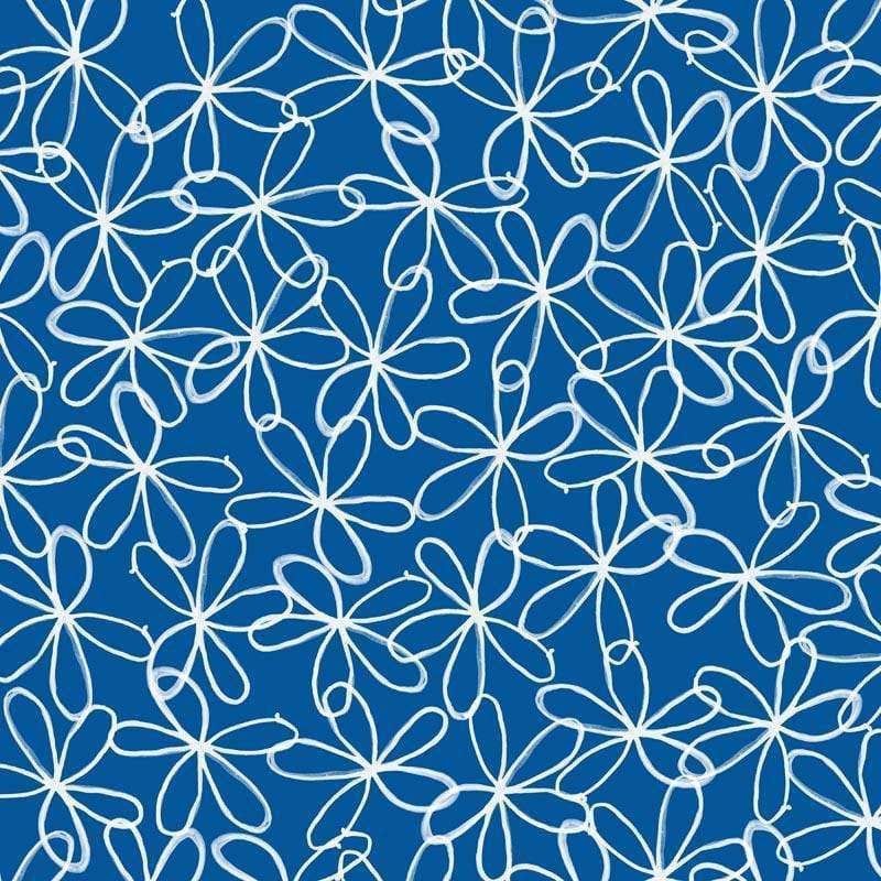 White outlined abstract flower loops on a deep blue background