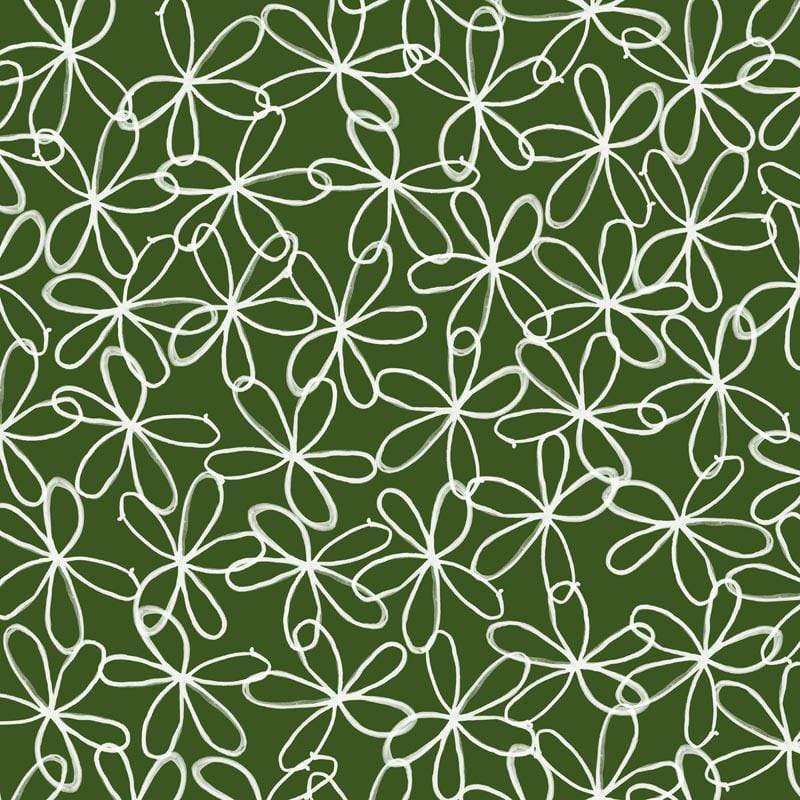 White floral pattern on dark green background
