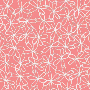 Whimsical white floral outlines on a salmon pink background