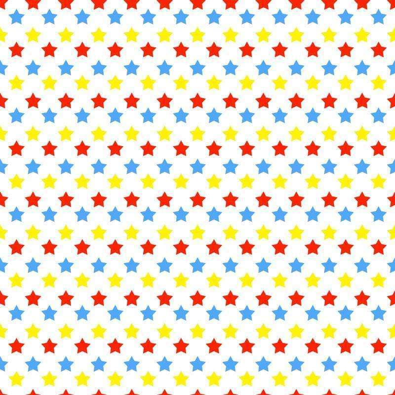 A pattern of red, blue, and yellow stars on a white backdrop