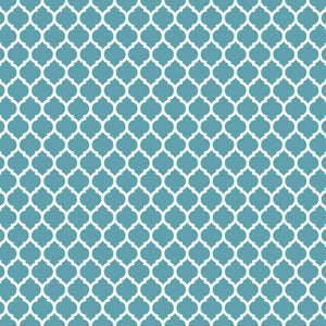 Teal and white quatrefoil lattice pattern