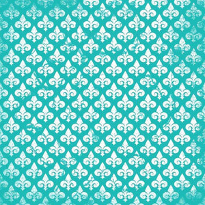 A teal and white fleur-de-lis pattern with a distressed texture