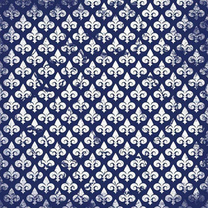 Classic fleur-de-lis pattern on a dark blue background with distressed white detailing