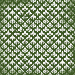 A square image of a vintage-style fleur-de-lis pattern on a green background