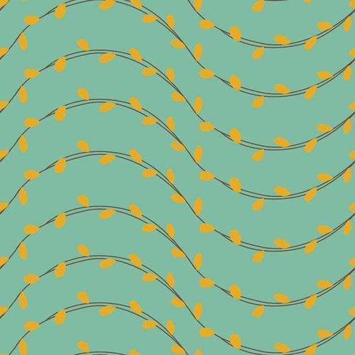 Abstract wavy pattern with yellow leaves on a teal background