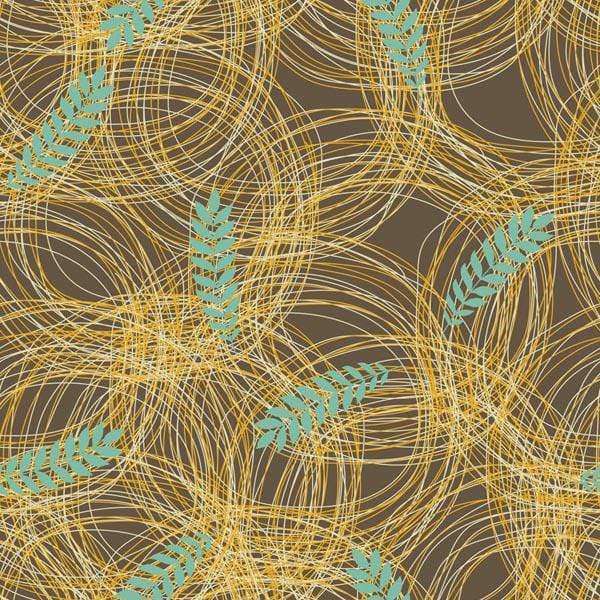 Abstract swirl pattern with fern accents on a taupe background
