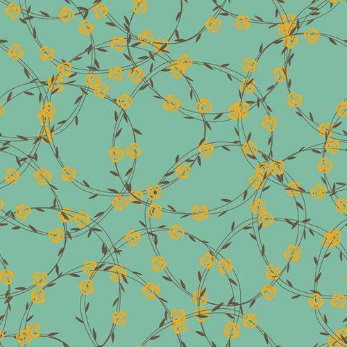 Seamless floral pattern with yellow flowers and dark branches on a teal background