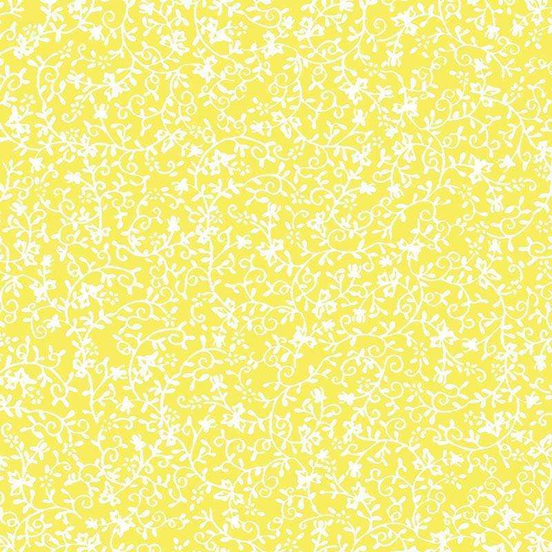 Intricate white floral pattern on a cheerful yellow background