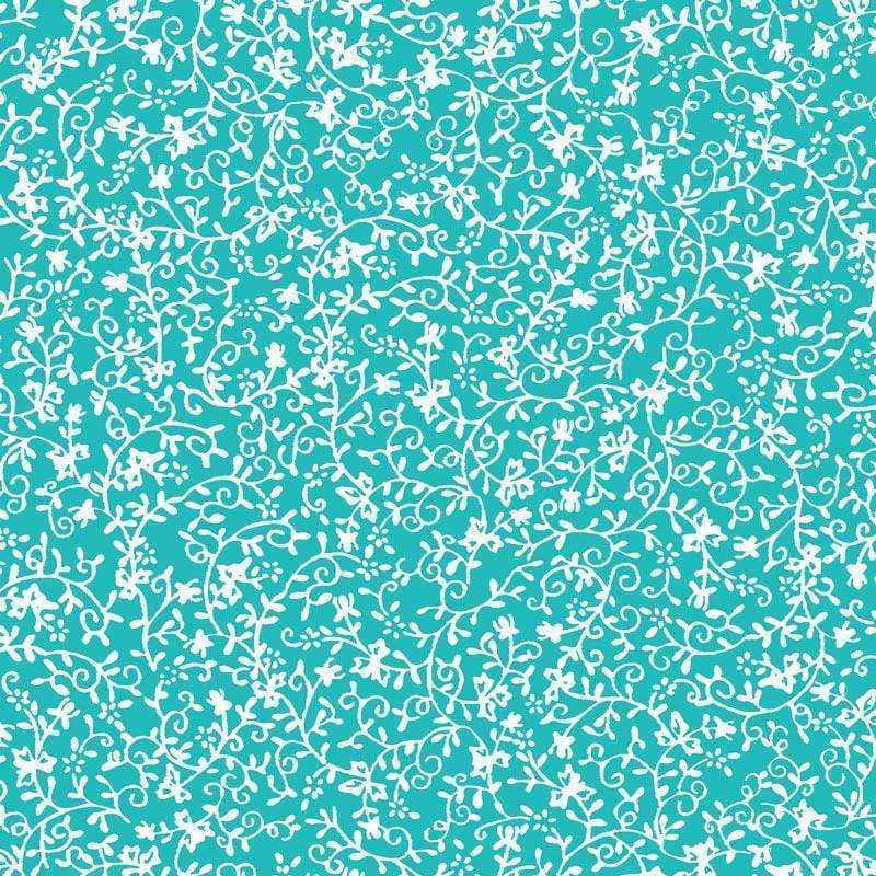 Intricate white floral vine pattern on a teal background