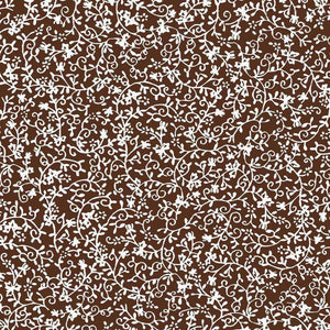 White floral and vine patterns on a chocolate brown background