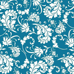 Intricate white floral pattern on a cerulean blue background