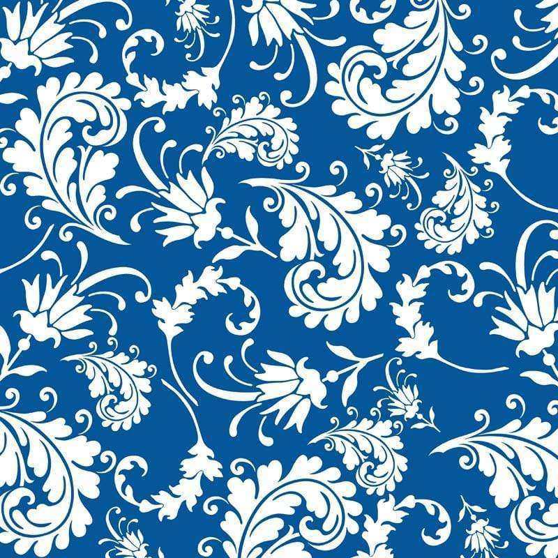 Intricate white floral pattern on a blue background
