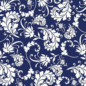 Classic white floral patterns on a navy blue background