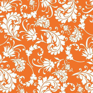 White ornate scroll pattern on an orange background