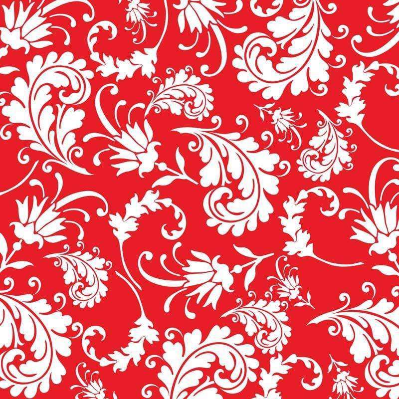 Elegant white floral pattern on a vivid red background