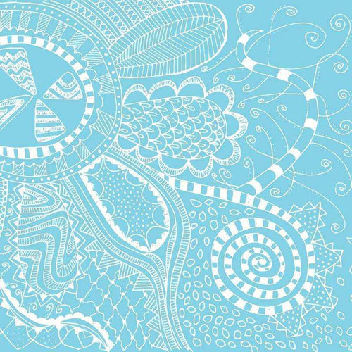 Intricate aqua and white doodle pattern with swirls and leaves