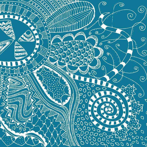 Intricate white doodle patterns on a teal background