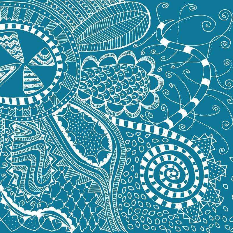 Intricate white doodle patterns on a teal background