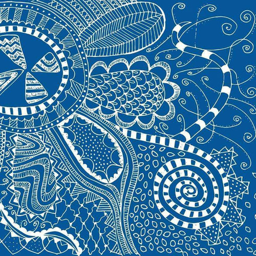 Intricate indigo and white abstract pattern with swirls and waves