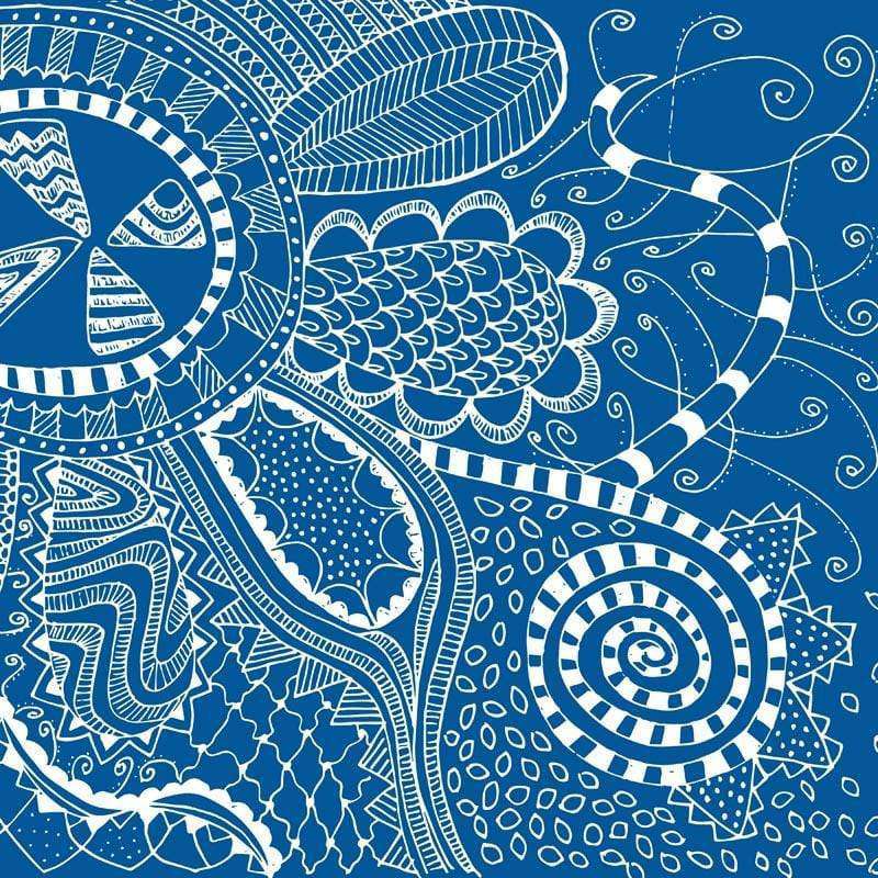 Intricate indigo and white abstract pattern with swirls and waves