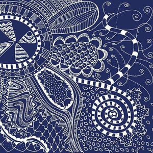 Intricate white doodle patterns on a navy blue background
