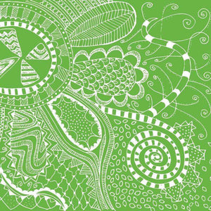 Abstract green and white pattern with spirals and botanical elements