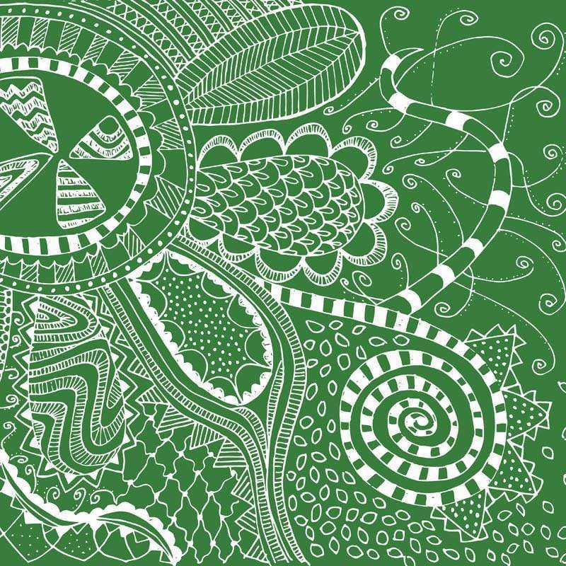 Intricate white mandala patterns on a green background