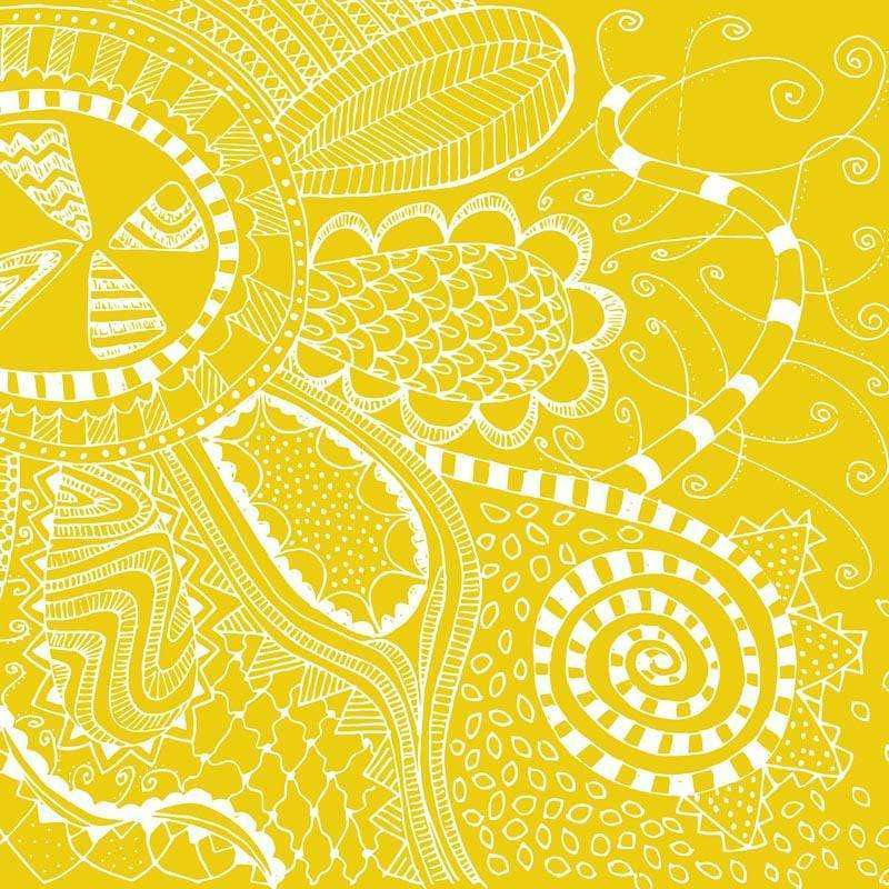 Intricate white mandala pattern on a yellow background