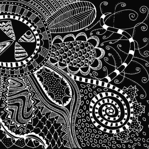 Black and white intricate doodle pattern with abstract shapes